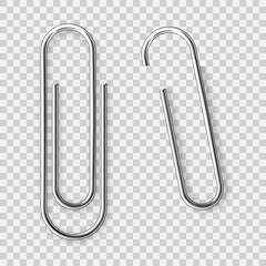 Realistic tilted metal paper clip. Page holder, binder. Vector illustration.