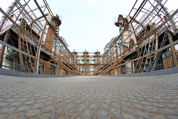 Unused and abandoned metal pipes in factories