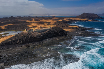 Aerial view of the coast of the island of Lobos, off the island of Fuerteventura in the Canary Islands. October 2019