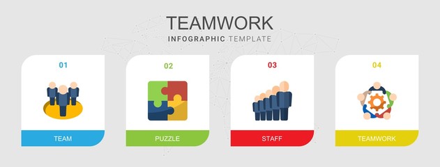 4 teamwork flat icons set isolated on infographic template. Icons set with team, Puzzle, staff icons.