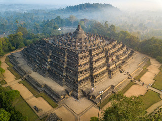 Borobudur Buddhist Temple drone view in Indonesia Yogyakarata   - obrazy, fototapety, plakaty
