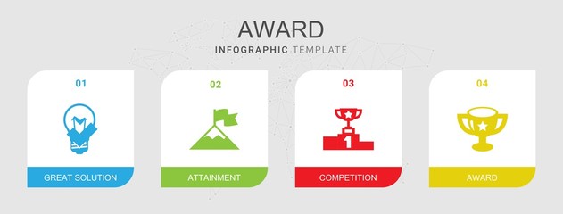 4 award filled icons set isolated on infographic template. Icons set with great solution, attainment, competition icons.