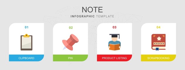 4 note flat icons set isolated on infographic template. Icons set with Clipboard, Pin, Product Listing, Scrapbooking icons.