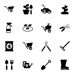 16 gardening filled icons set isolated on white background. Icons set with Wheelbarrow, Gardening, Lawnmower, Spray bottle, seeds, Garden services, fertilizer, wheelbarrow icons.