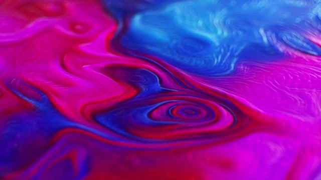 Abstract 3d render of animated paint liquid looped, mixing pink blue colors swirl, close up ink animation with depth of field.