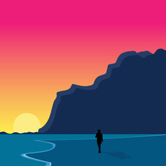 Calm evening. Watercolor illustration in bright colors, summer vibes. Modern colorful design, copyspace for ad. Wallpaper, background for your device. Summertime, holidays, resort, vacation concept.