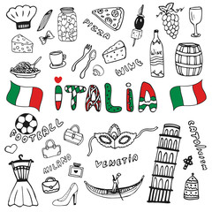 Doodle hand drawn collection of Italy icons. Italy culture elements for design. Vector travel set. Handwriting Italia lettering in italian language - Italy