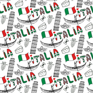 Italy hand drawn seamless pattern  with flag. Vector travel background. Italia lettering