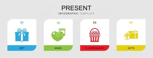 4 present filled icons set isolated on infographic template. Icons set with gift, music, flower basket, gifts icons.