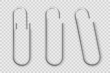 Realistic tilted metal paper clip. Page holder, binder. Vector illustration.