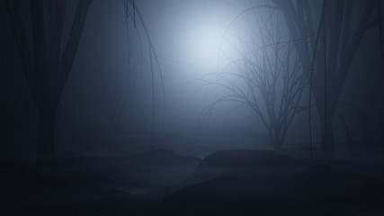 dark and foggy forest swamp 3d render