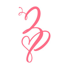 Vector Vintage floral monogram Number three 3. Calligraphy element heart logo Valentine card flourish frame. Hand drawn Love sign for page decoration and design illustration