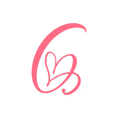 Vector Vintage floral monogram Number six 6. Calligraphy element heart logo Valentine card flourish frame. Hand drawn Love sign for page decoration and design illustration