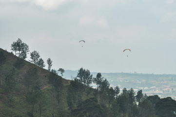 Landscape with paragliding sport in Bogor, West Java