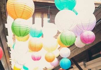 traditional paper lantern decorating on wooden house. asian vintage lamp