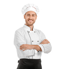 Handsome male chef on white background