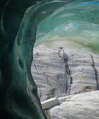 View of the Mer de Glace, a landmark valley glacier in the Massif du Mont Blanc rapidly shrinking due to global warming
