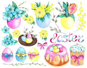 Beautiful watercolor Easter clipart of three colored eggs with flowers,diferent flowers, nest with eggs and willow twigs,three colored eggs with bows, pink bow, Easter cake and cupcake, mimosa,letter.