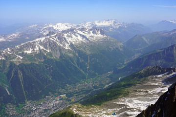 Aerial view of the Chamonix Valley and Massif du Mont Blanc in France
