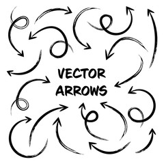 Black Grunge Hand Drawn Arrows Set on White Background. Arrow, Cursor Icon. Vector Pointers Collection. Back, Next Web Page Sign. 