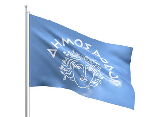 Rhodes Island (Municipality Greece) flag waving on white background, close up, isolated. 3D render