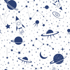 Modèle sans couture avec des éléments de l& 39 espace. Modèle vectoriel avec image de fusées, planètes, OVNI, constellations. Idéal pour la conception pour enfants, le tissu, l& 39 emballage, les textiles. Objets bleus sur un calque isolé.