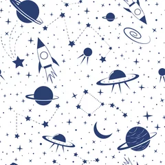 Gordijnen Naadloos patroon met ruimte-elementen. Vectorpatroon met afbeelding van raketten, planeten, UFO, sterrenbeelden. Ideaal voor kinderontwerp, stof, verpakking, textiel. Blauwe objecten op een geïsoleerde laag. © Julia