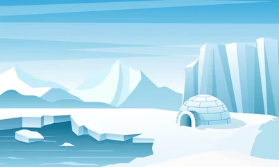 Poster Arctische landschap met ijs iglo platte vectorillustratie. Huis, hut gebouwd van sneeuw. Ijs bergen pieken. Eskimo mensen onderdak bewonen. Grote ijsberg. Besneeuwde Noordpool winter uitzicht op de natuur. © Natalia