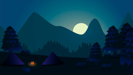 halt. night rest in tents in high mountains in summer at sunrise. vector image
