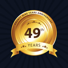 49th years anniversary logo with gold ring and golden ribbon, vector design