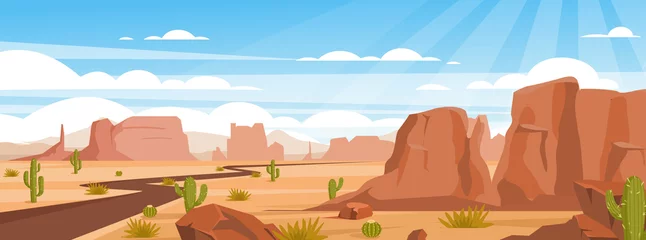 Photo sur Plexiglas Bleu Sandy desert landscape colorful flat vector illustration. Empty valley with rocks, crags and green cactuses. Dry land with draughts and hot climate. Arizona beautiful panoramic view.