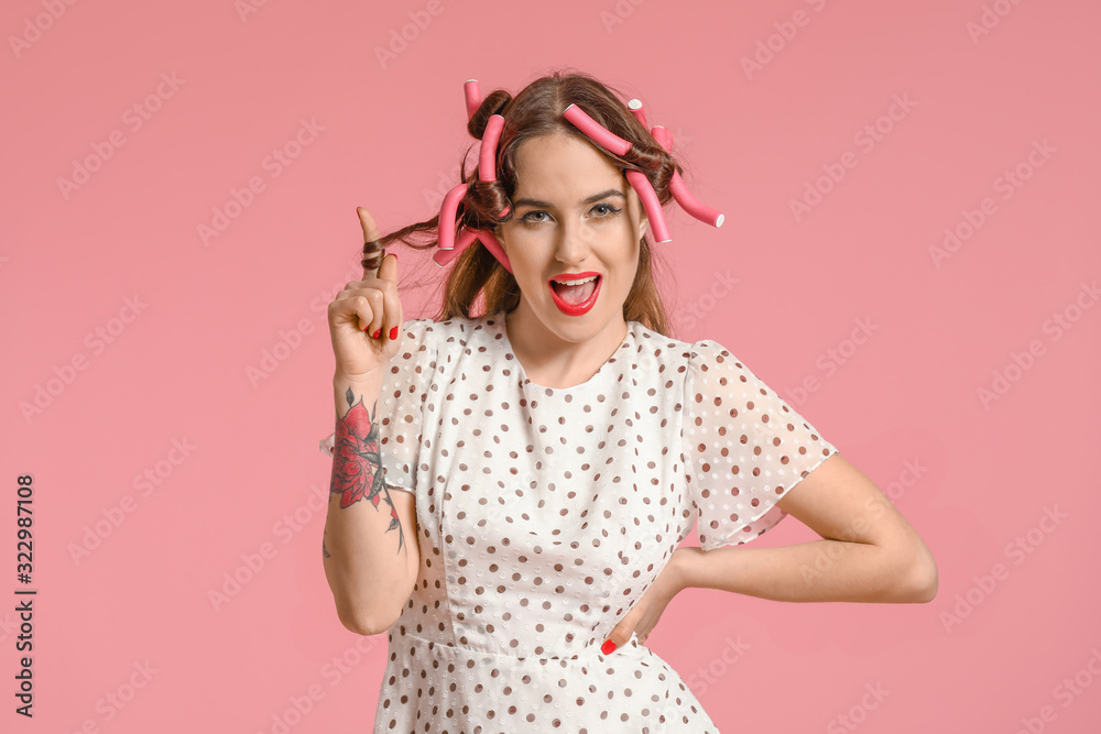 Poster Cute housewife on color background