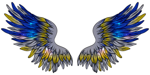 Beautiful magic shiny glitery grey wings with blue and golden feathers, hand drawn vector