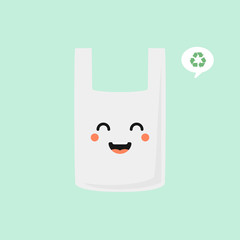 Plastic bag cartoon character vector stickers. Ecologic sticker with plastic pack. Prohibited plastic trash. Proper utilization of non-biodegradable waste. Environmental icon. Sustainable development