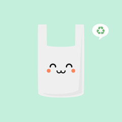 Plastic bag cartoon character vector stickers. Ecologic sticker with plastic pack. Prohibited plastic trash. Proper utilization of non-biodegradable waste. Environmental icon. Sustainable development