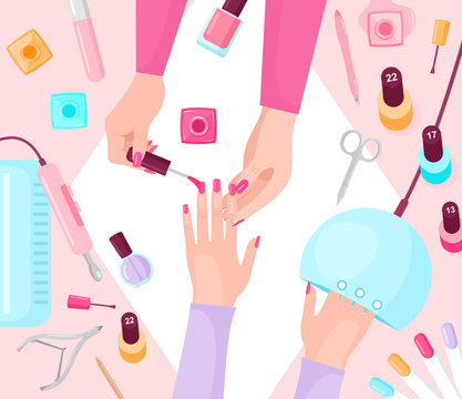 Professional manicure table flat vector illustration. Manicurist and female customer hands closeup top view. Cosmetologist varnishing clients fingernails. Fashionable beauty parlor service.