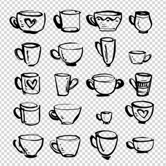 Set of cups of various shapes and sizes painted with brush in thick paint strokes isolated on imitation transparent background