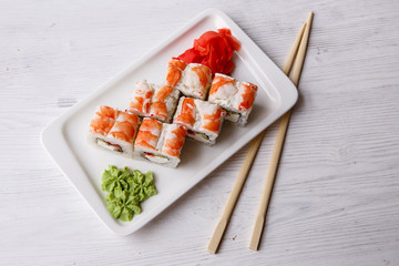 Close-up of shrimp rolls with cream cheese. menu on a white background.