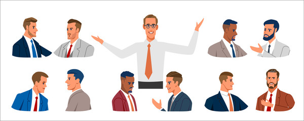 Business people portrait. Set of various business men in business clothes, mixed age expressing positive emotions. Flat, cartoon vector illustration.