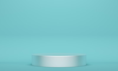 Blue abstract background with a cylindrical silver podium. Backdrop design for product promotion. 3d rendering