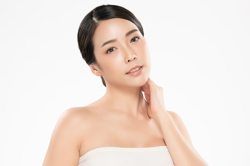 Portrait beautiful young asian woman clean fresh bare skin concept. Asian girl beauty face skincare and health wellness, Facial treatment, Perfect skin, Natural makeup, on white background,two