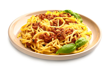Plate with tasty pasta bolognese on white background