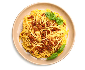 Plate with tasty pasta bolognese on white background