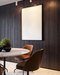 Perspective Frame Poster mockup with black wood frame in sophisticated home interior wooden background, minimal style living room, 3D rendering