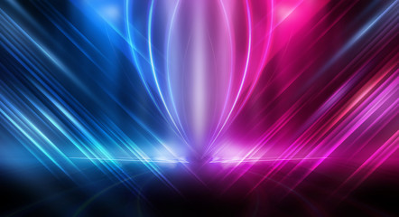 Empty stage, blue and pink, purple  neon, abstract background. Rays of searchlights, light, abstract tunnel, corridor.