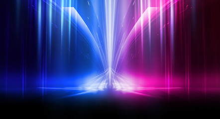 Empty stage, blue and pink, purple  neon, abstract background. Rays of searchlights, light, abstract tunnel, corridor.