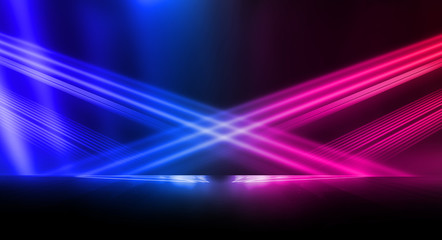 Empty stage, blue and pink, purple  neon, abstract background. Rays of searchlights, light, abstract tunnel, corridor.