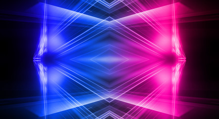 Obraz premium Empty stage, blue and pink, purple neon, abstract background. Rays of searchlights, light, abstract tunnel, corridor.
