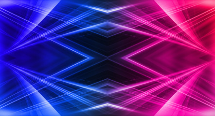 Fototapeta premium Empty stage, blue and pink, purple neon, abstract background. Rays of searchlights, light, abstract tunnel, corridor.