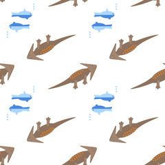 Seamless pattern with flat style icon of Diplocaulus and fish. Sea background with dino.